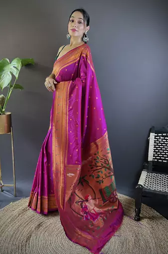 magenta paithani silk saree unstitched blouse piece