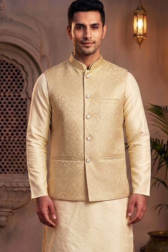 Men   s elegant golden jacquard nehru jacket festive & wedding wear