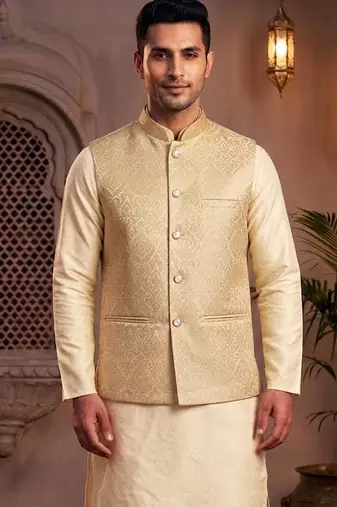 Men’s elegant golden jacquard nehru jacket festive & wedding wear