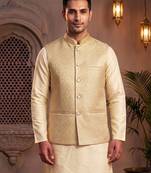 Men   s elegant golden jacquard nehru jacket festive & wedding wear