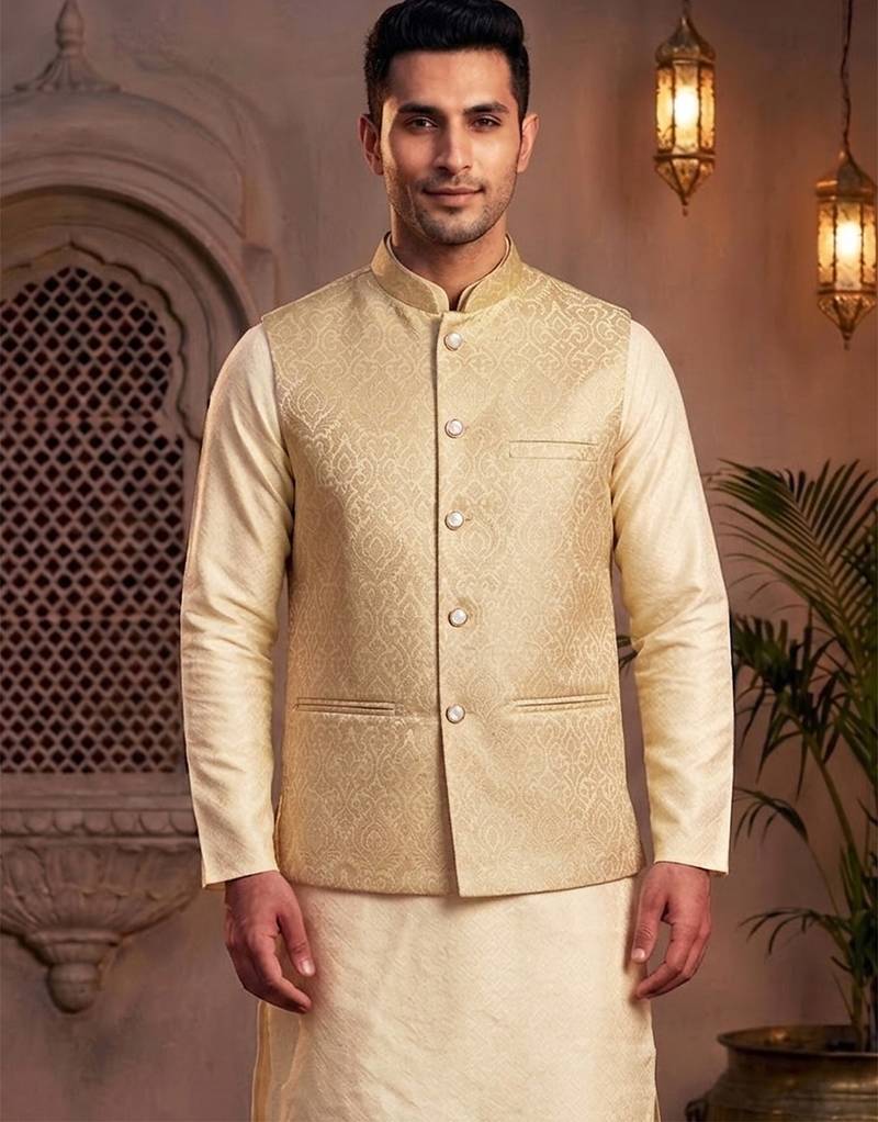 Men   s elegant golden jacquard nehru jacket festive & wedding wear
