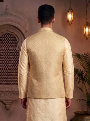 Men   s elegant golden jacquard nehru jacket festive & wedding wear 2