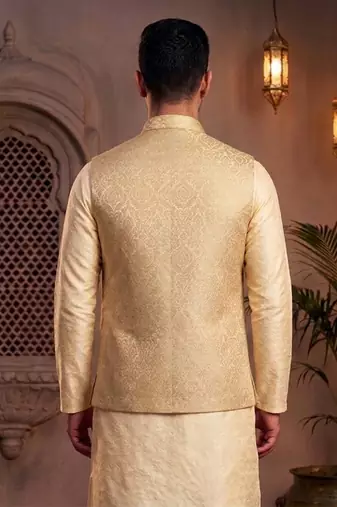 Men   s elegant golden jacquard nehru jacket festive & wedding wear