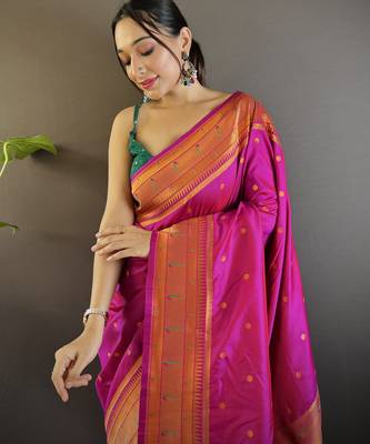 magenta paithani silk saree unstitched blouse piece 4