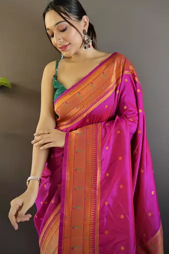 magenta paithani silk saree unstitched blouse piece