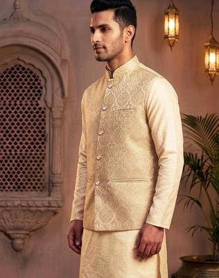 Men   s elegant golden jacquard nehru jacket festive & wedding wear 3
