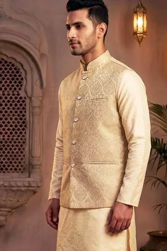 Men   s elegant golden jacquard nehru jacket festive & wedding wear