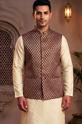 Men’s maroon & gold jacquard nehru jacket wedding & festive wear