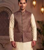 Men   s maroon & gold jacquard nehru jacket wedding & festive wear