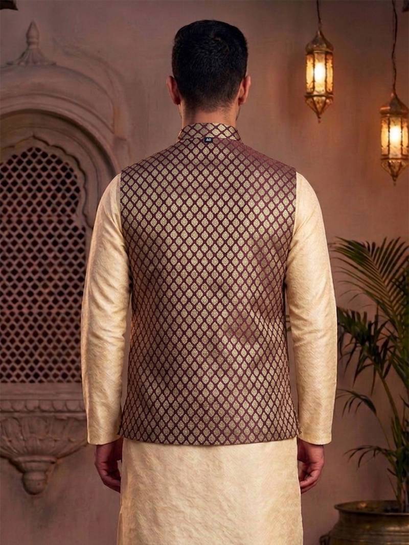 Men   s maroon & gold jacquard nehru jacket wedding & festive wear