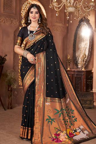 Black paithani silk saree with unstitched blouse piece