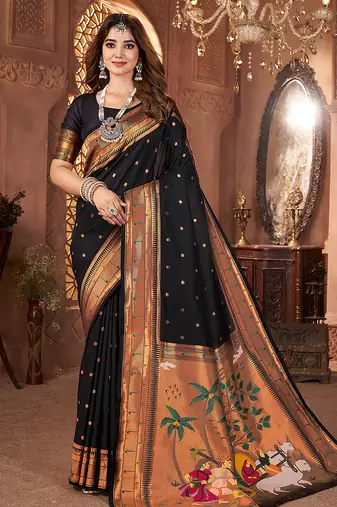 Black paithani silk saree with unstitched blouse piece