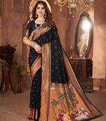 Black paithani silk saree with unstitched blouse piece