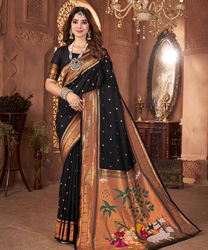 Black paithani silk saree with unstitched blouse piece