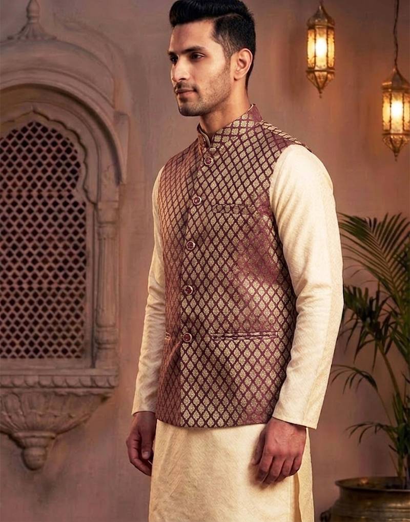Men   s maroon & gold jacquard nehru jacket wedding & festive wear