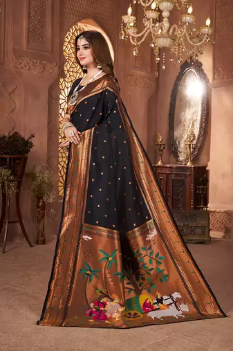black paithani silk saree unstitched blouse piece