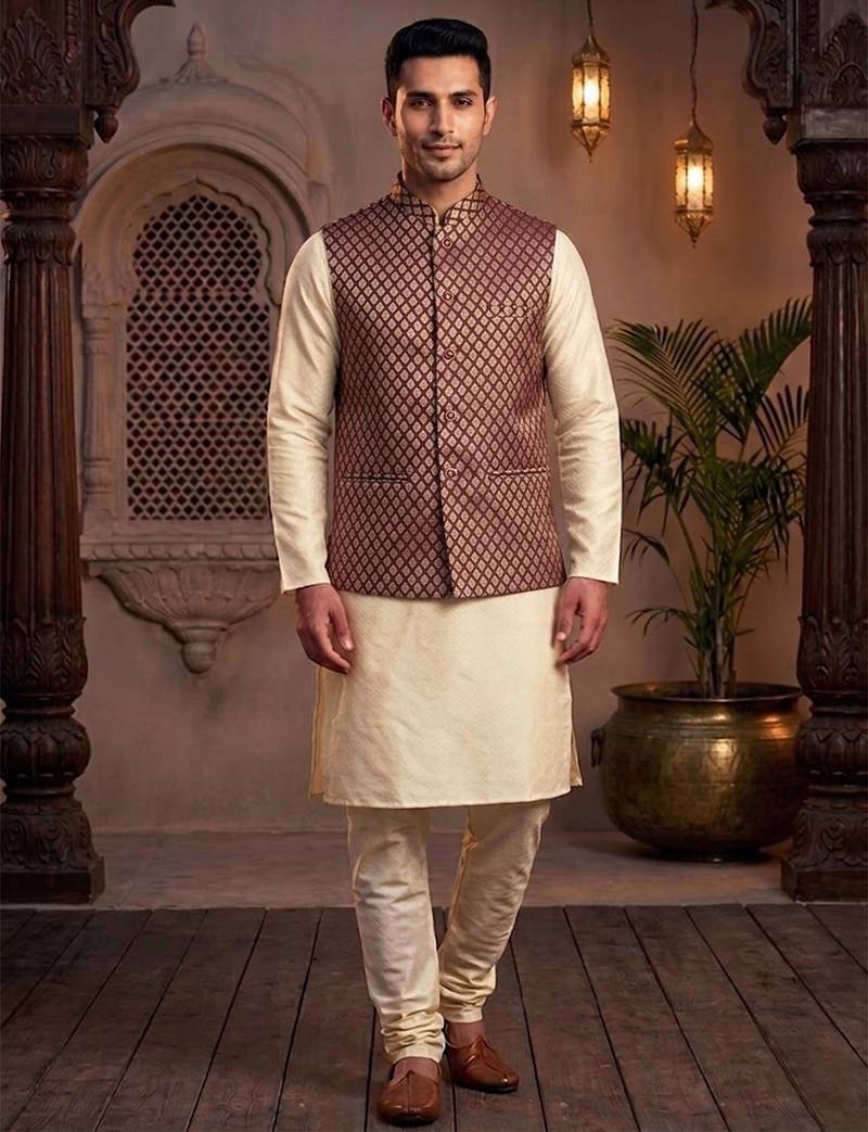 Men   s maroon & gold jacquard nehru jacket wedding & festive wear