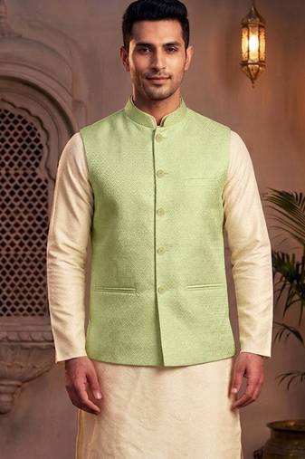 Men   s mint green jacquard nehru jacket festive & wedding ethnic wear