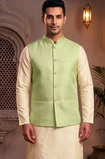 Men’s mint green jacquard nehru jacket festive & wedding ethnic wear