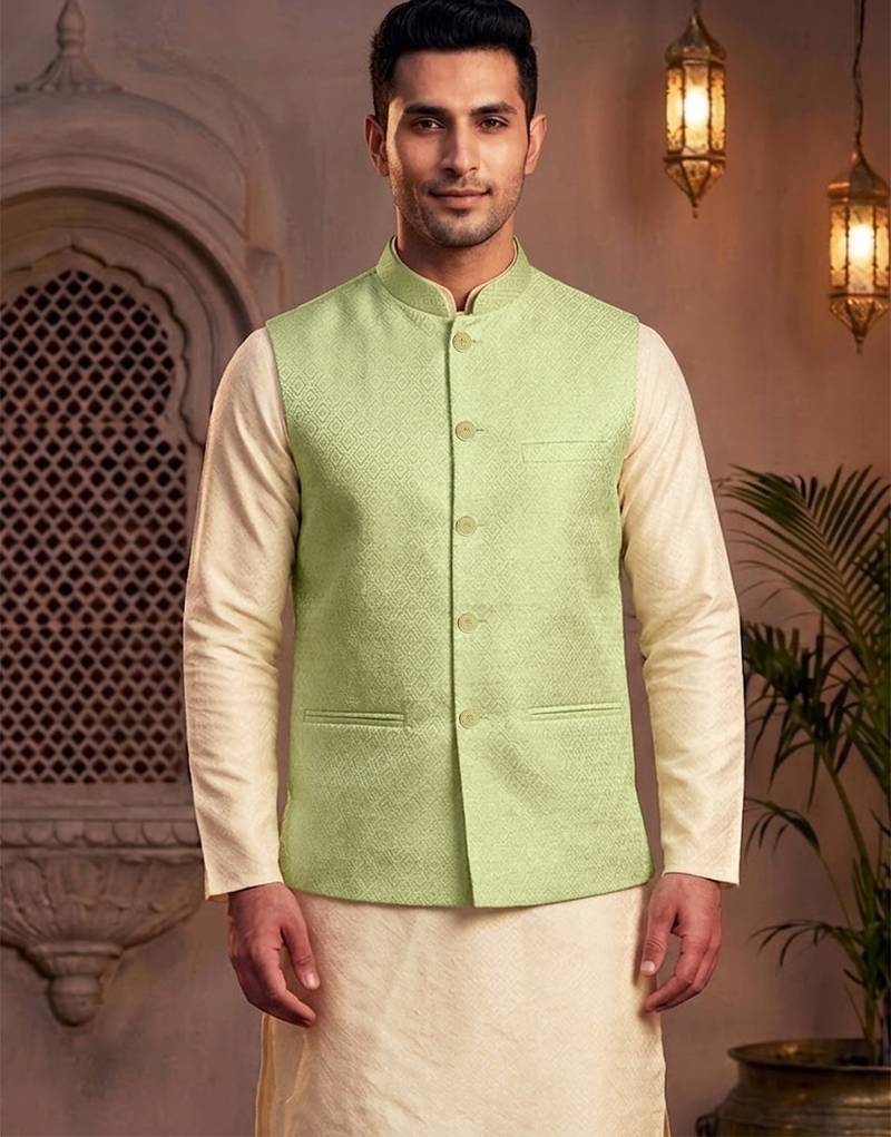 Men   s mint green jacquard nehru jacket festive & wedding ethnic wear