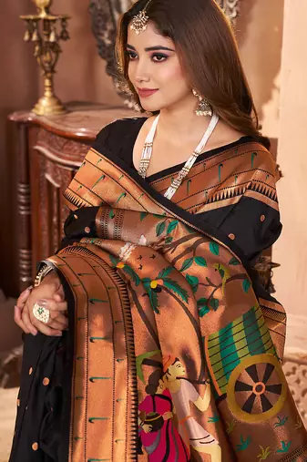black paithani silk saree unstitched blouse piece