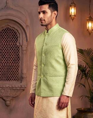 Men   s mint green jacquard nehru jacket festive & wedding ethnic wear 3