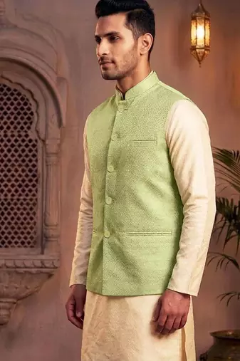 Men   s mint green jacquard nehru jacket festive & wedding ethnic wear