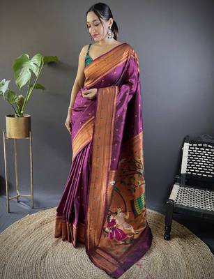 wine paithani silk saree unstitched blouse piece 1