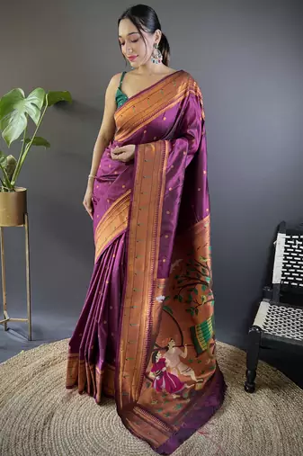 Wine paithani silk saree with unstitched blouse piece