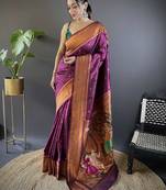 Wine paithani silk saree with unstitched blouse piece
