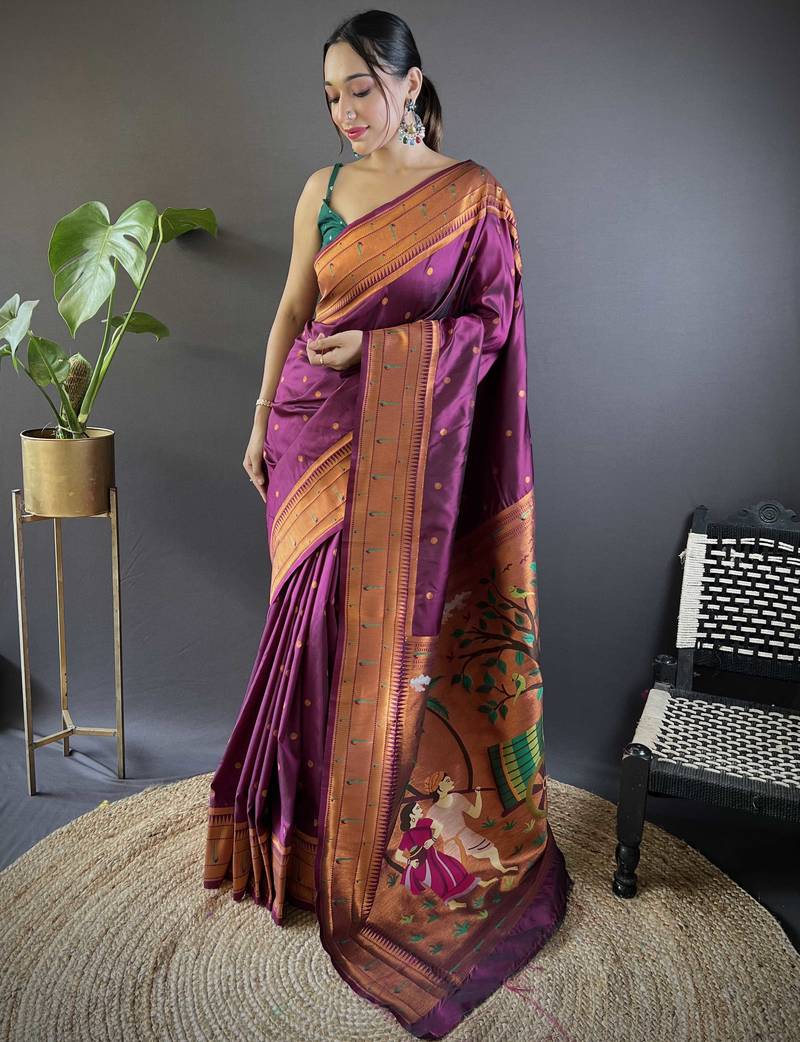 Wine paithani silk saree with unstitched blouse piece