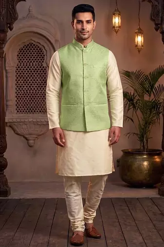 Men   s mint green jacquard nehru jacket festive & wedding ethnic wear