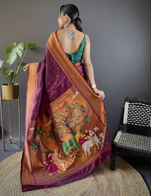 wine paithani silk saree unstitched blouse piece 2