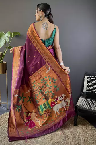 wine paithani silk saree unstitched blouse piece
