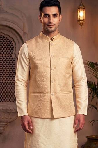 Men   s peach jacquard nehru jacket elegant festive & wedding wear