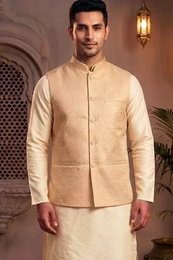 Men’s peach jacquard nehru jacket elegant festive & wedding wear