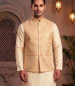 Men   s peach jacquard nehru jacket elegant festive & wedding wear