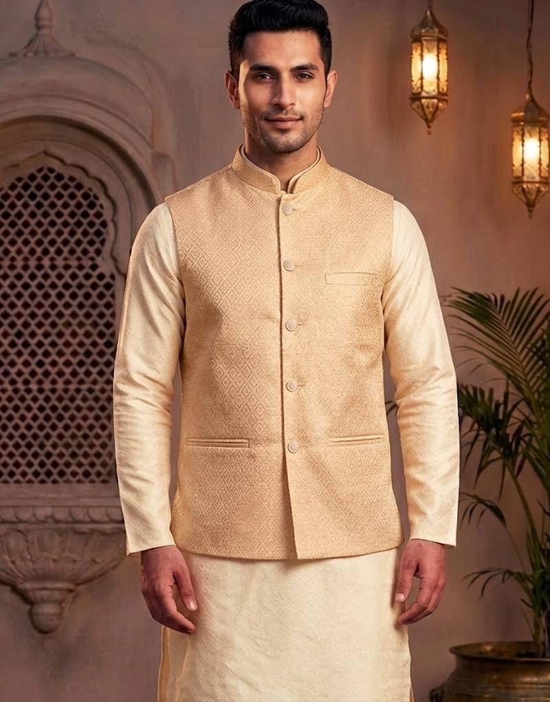 Men   s peach jacquard nehru jacket elegant festive & wedding wear
