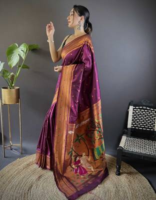 wine paithani silk saree unstitched blouse piece 3
