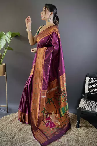 wine paithani silk saree unstitched blouse piece
