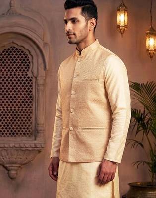 Men   s peach jacquard nehru jacket elegant festive & wedding wear 3