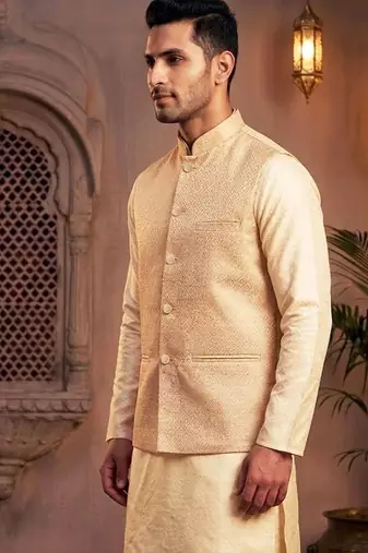 Men   s peach jacquard nehru jacket elegant festive & wedding wear