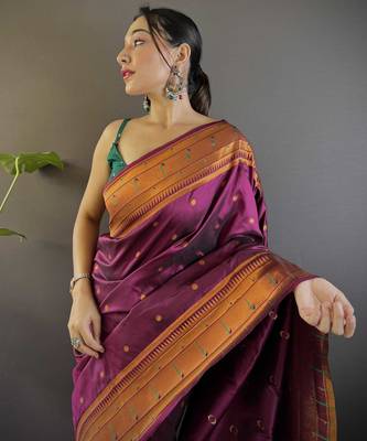 wine paithani silk saree unstitched blouse piece 4