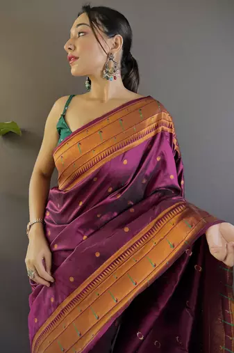 wine paithani silk saree unstitched blouse piece