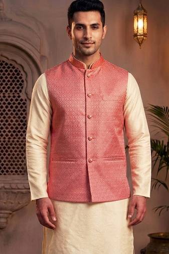 Men   s coral pink jacquard nehru jacket festive & wedding ethnic wear
