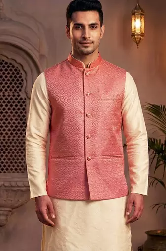 Men’s coral pink jacquard nehru jacket festive & wedding ethnic wear