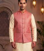Men   s coral pink jacquard nehru jacket festive & wedding ethnic wear
