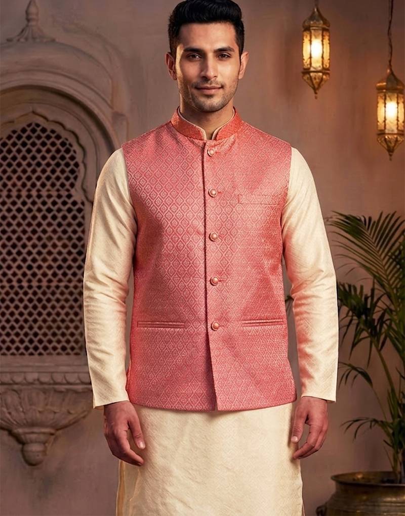 Men   s coral pink jacquard nehru jacket festive & wedding ethnic wear