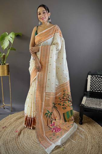 Off  white paithani silk saree with unstitched blouse piece