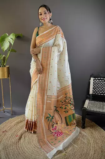 Off  white paithani silk saree with unstitched blouse piece